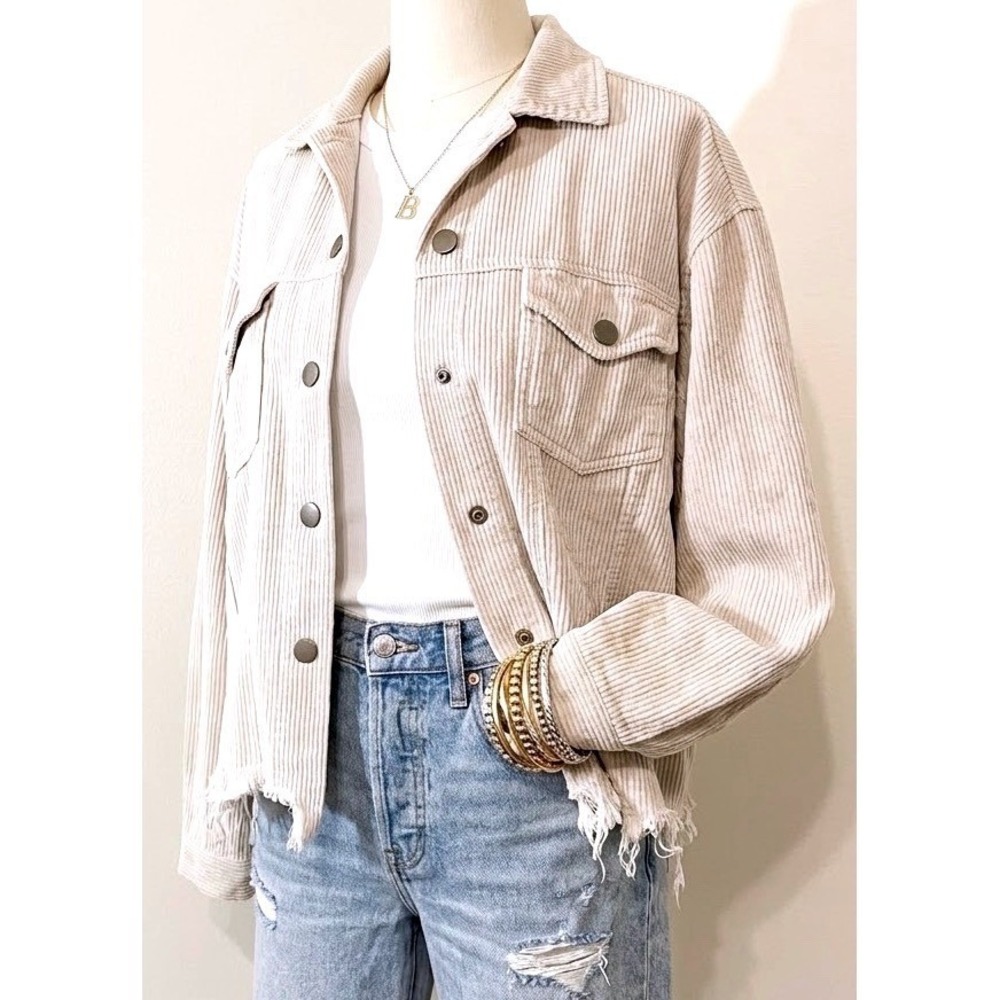 POL Beige Corduroy Shacket Oversized Frayed Hem Button Front Jacket